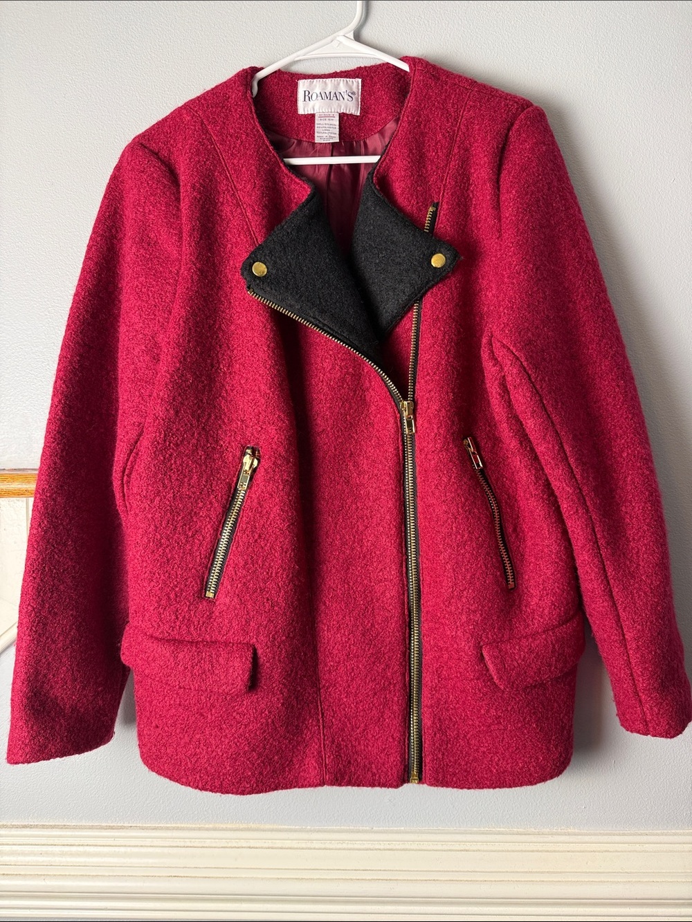 Roaman's Crimson Red Wool-Blend Pea Coat with Black Contrast